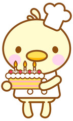 シェフのひよこがケーキを持っているイラスト、ラインアート、線画