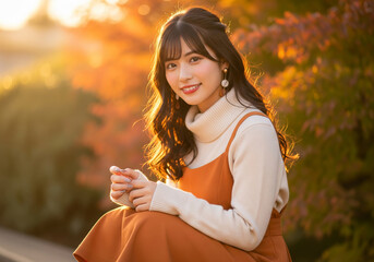 秋ファッション：紅葉に染まる光の中で佇む女性が着用する白いタートルネックとジャンパースカート