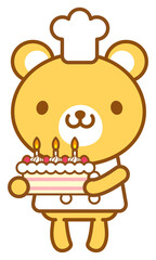 シェフの熊がケーキを持っているイラスト、ラインアート、線画