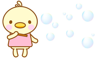 シャボン玉をしているひよこのイラスト、ラインアート、線画