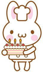 シェフのうさぎがケーキを持っているイラスト、ラインアート、線画