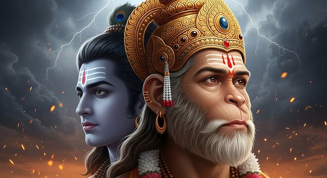 Hanuman and rama hindu gods digital art illustration wallpaper hd background image artwork