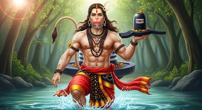 Hanuman carrying shiva lingam in river digital art hindu god wallpaper background image hd photo - Powered by Adobe