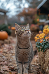 Fototapeta premium Cat standing next to pumpkin in leaves.