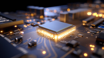 Close-up of a glowing computer microchip on a motherboard, symbolizing technology and data.
