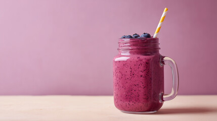 Blueberry smoothie fills mason jar. Vibrant, minimalist design. Healthy food concept for blogs, recipes, marketing.