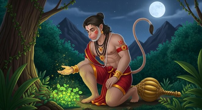 Hanuman in the forest illustration hindu god mythology indian culture spiritual artwork night scene - Powered by Adobe