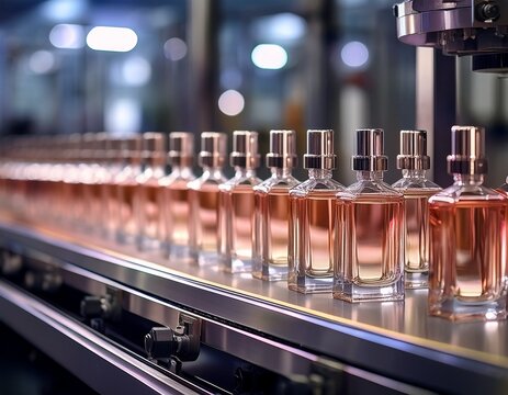 perfume bottles on automated factory conveyor