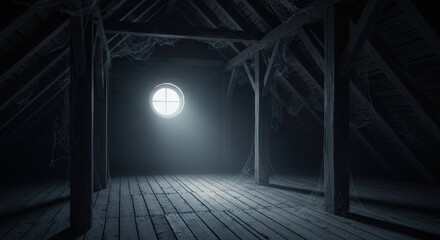 Obraz premium Derelict attic with dusty wooden beams and cobwebs, illuminated by a faint round window light. Spooky old abandoned house room.