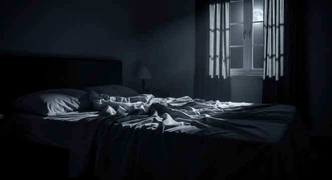 Dark bedroom interior with moonlight shining through window. Eerie ambiance and unmade empty bed, concept of insomnia or loneliness.