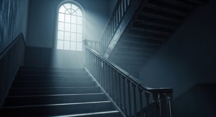 Obraz premium Abandoned house grand staircase and window. Sunlight through an old building window. Scary abandoned palace or hotel for Halloween concept.