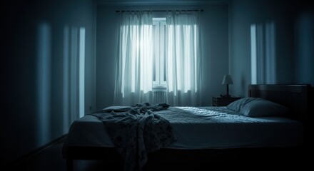 Serene bedroom at night with window light passing through sheer curtains. Cozy home interior for relaxation and sleep.