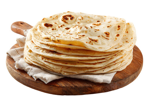 Freshly made roti chapati stack on a wooden serving board isolated on white background