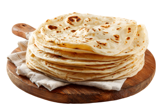 Freshly made roti chapati stack on a wooden serving board isolated on white background
