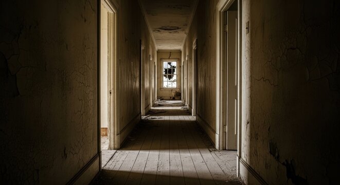 Long dark narrow hallway with broken window in an old abandoned building. Dilapidated house interior with cracked walls and peeling paint, spooky concept.
