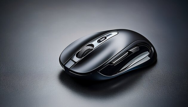 a sleek black computer mouse rests on a textured surface technology precision office gadget