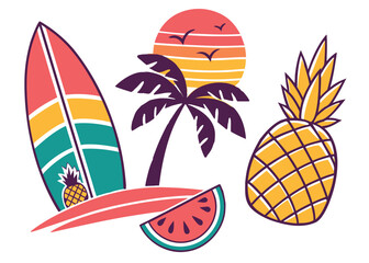 Colorful Retro Tropical Summer Icons Collection: Surfboard, Pineapple, Palm Trees Beach Scene, and Vintage Van for Vacation and Travel Designs