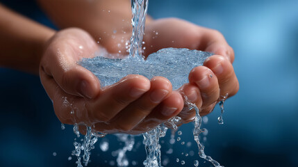 Fototapeta premium Hands catching and holding clear water under a stream on a dark blue background. 