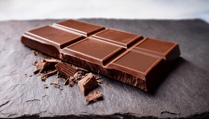 a partially broken chocolate bar rests on a stone slab displaying its smooth texture and rich color concept indulgence sweetness and luxury