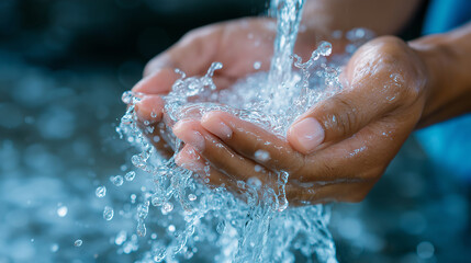 Hands catching and holding clear water under a stream on a dark blue background.
