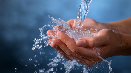 Hands catching and holding clear water under a stream on a dark blue background.
