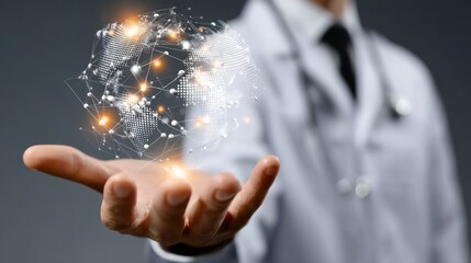 Doctor holding glowing d in a modern clinic medical illustration bright environment unique perspective on healing and innovation