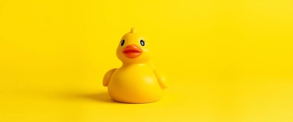 A tiny, cheerful rubber ducky sits on a bright yellow backdrop,  background,  color