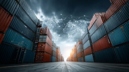 Global Trade: Rows of Containers under a Digital World Map Overlay