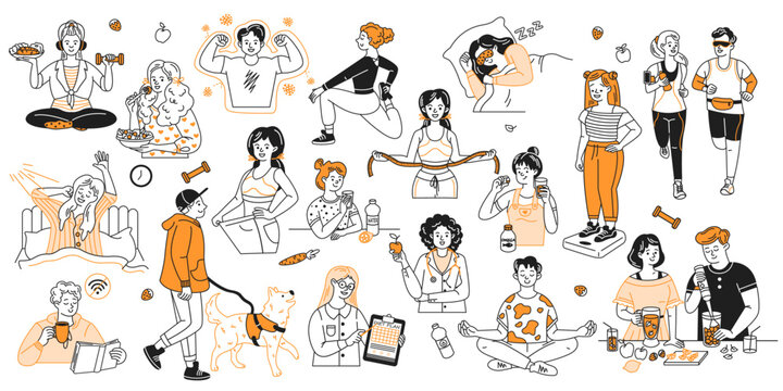 Colorful illustration of people engaging in various healthy lifestyle activities. Characters are exercising, cooking, meditating, and enjoying nutritious food in vibrant cartoon style.