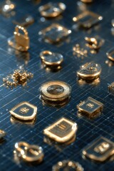 Abstract Golden Security Icons on Blue Surface