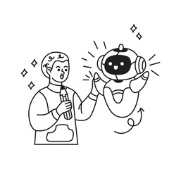 Black and white illustration of a cheerful child making contact with a happy artificial intelligence. Minimalist style, emphasizing friendship and future technology advancements.