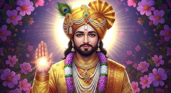 Hindu god swaminarayan spiritual deity divine lord religious guru hinduism turban flowers light