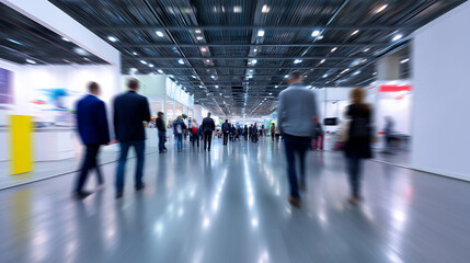 Blurred motion of people walking through a modern trade show or exhibition hall.
