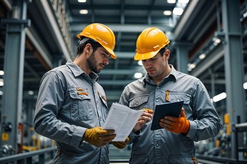 Two workers discussing project details in a modern factory setting during daylight hours