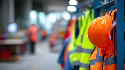 Close-up of orange safety helmet and high-visibility vests in a factory setting.
