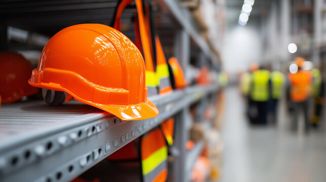 Close-up of orange safety helmet and high-visibility vests in a factory setting.
