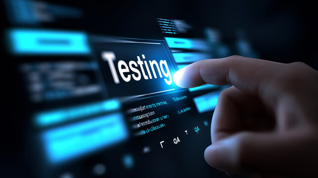 Finger touching a glowing "TESTING" button on a virtual digital interface.
