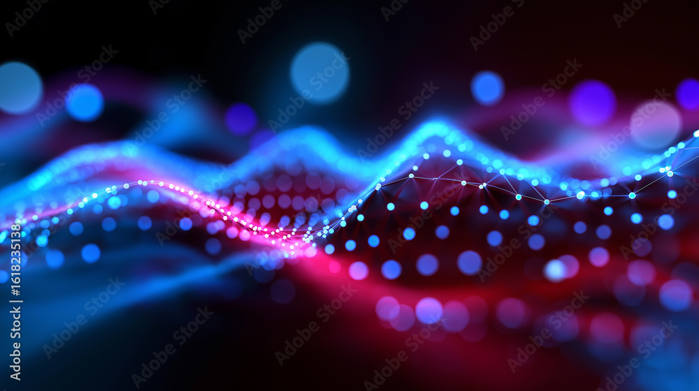 Wall mural abstract visualization of a digital network with glowing blue and pink nodes and lines.