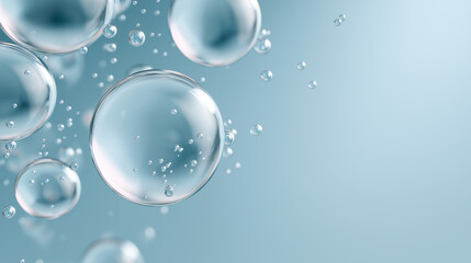 Obraz premium Clear glass-like bubbles hovering over a blue silk-textured background. 