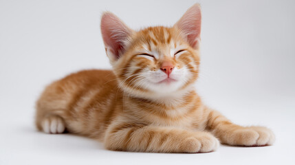 Cute orange tabby kitten with closed eyes lying on a white background.
