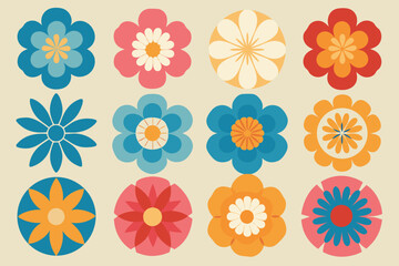 Retro geometric flower collection in warm and cool color palettes