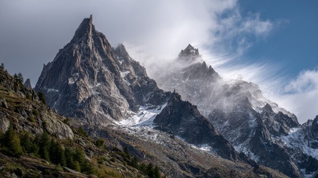 A mountain scene with wind swirling around rocky peaks, snow being blown across the landscape to show the cold and intense power of high-altitude winds