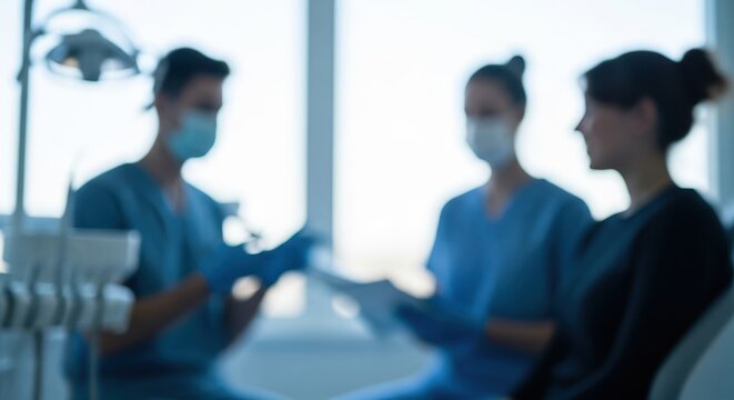 Dental team consulting patient in clinic, discussing treatment plan in soft blur for healthcare or education themes
 - Powered by Adobe