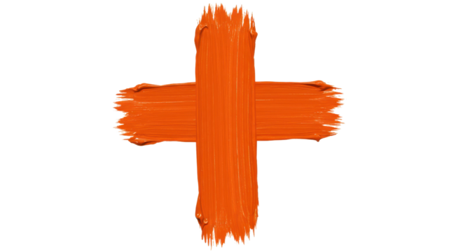 Textured orange paint brushstroke plus sign isolated on clean white background
