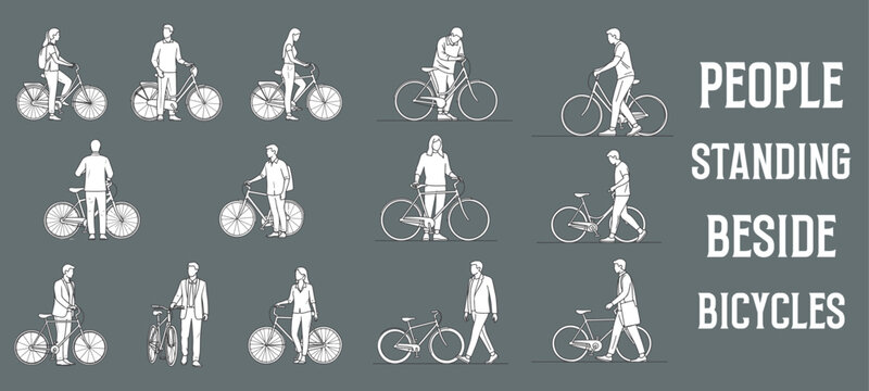 Architectural Drawings people walking next to or standing beside bicycles  vector illustration, side view, human person Minimal style hand drawn. Sections, Elevations, Floor Plans