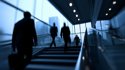 Silhouettes of businesspeople walking up stairs in a modern office building with a blue tint.
