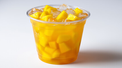 Refreshing mango drink with ice cubes and fresh mango chunks in a clear cup.
