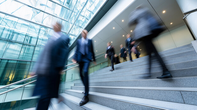 Businesspeople walking down stairs in a modern glass office building in motion blur.
