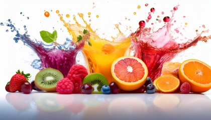 a colorful multi vitamin fruit juice splash explosion on white background