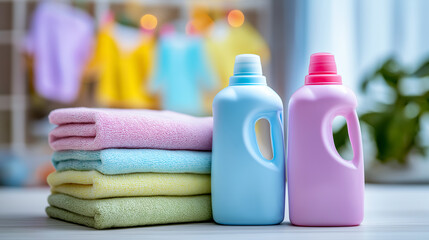 Colorful detergent bottles and neatly folded towels in bright laundry room setting.
